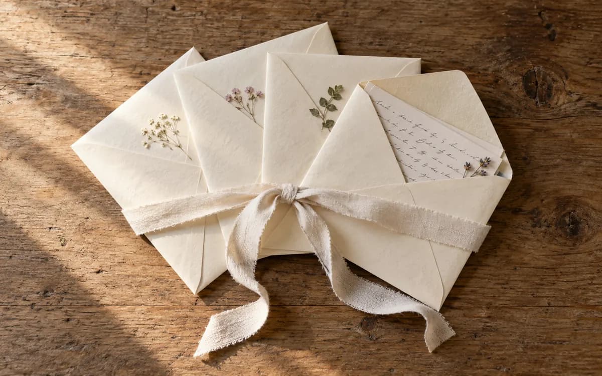 Four cream envelopes with personal letters, flowers and a cotton ribbon.