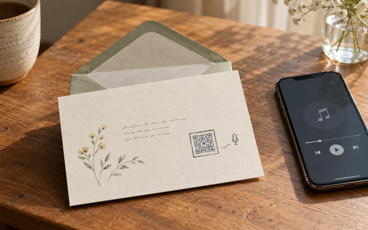 Voice-message gift card with an example QR pattern beside a phone showing audio controls.