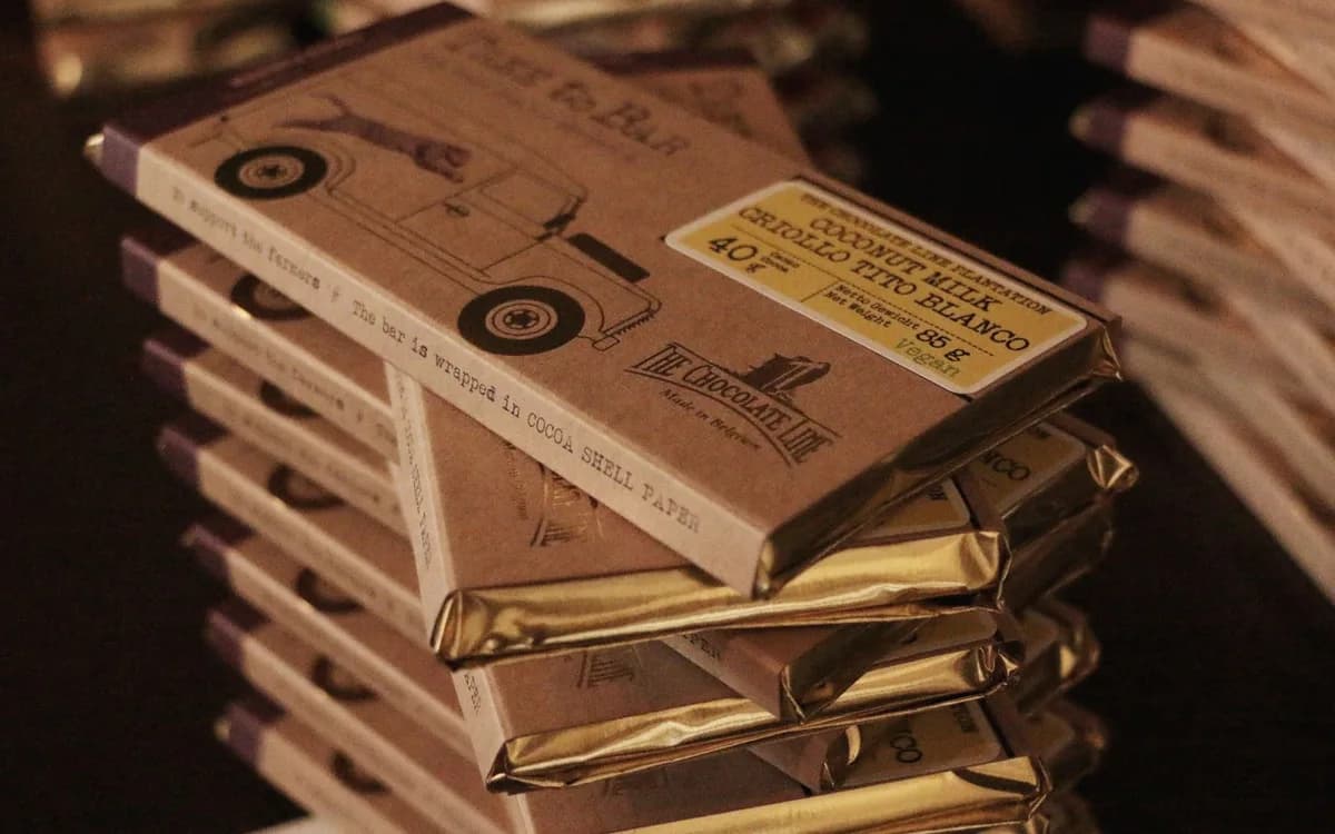 Packaged chocolate bars stacked together.
