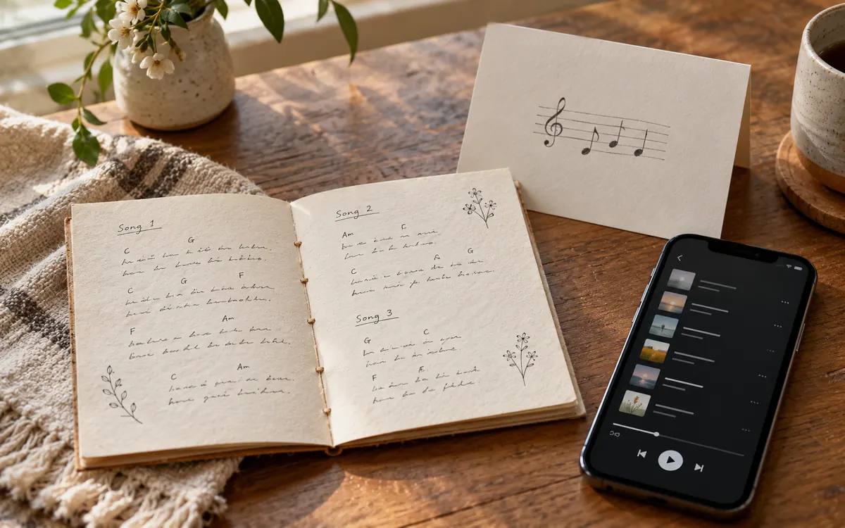 Handmade song-note booklet and a music card beside a phone showing a playlist.