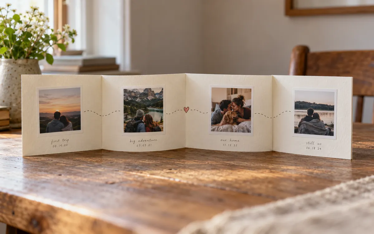 Accordion-fold anniversary timeline with four couple photographs and handwritten captions.