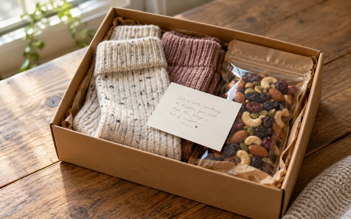Comfort care package containing knitted socks, a packaged snack and a short note.