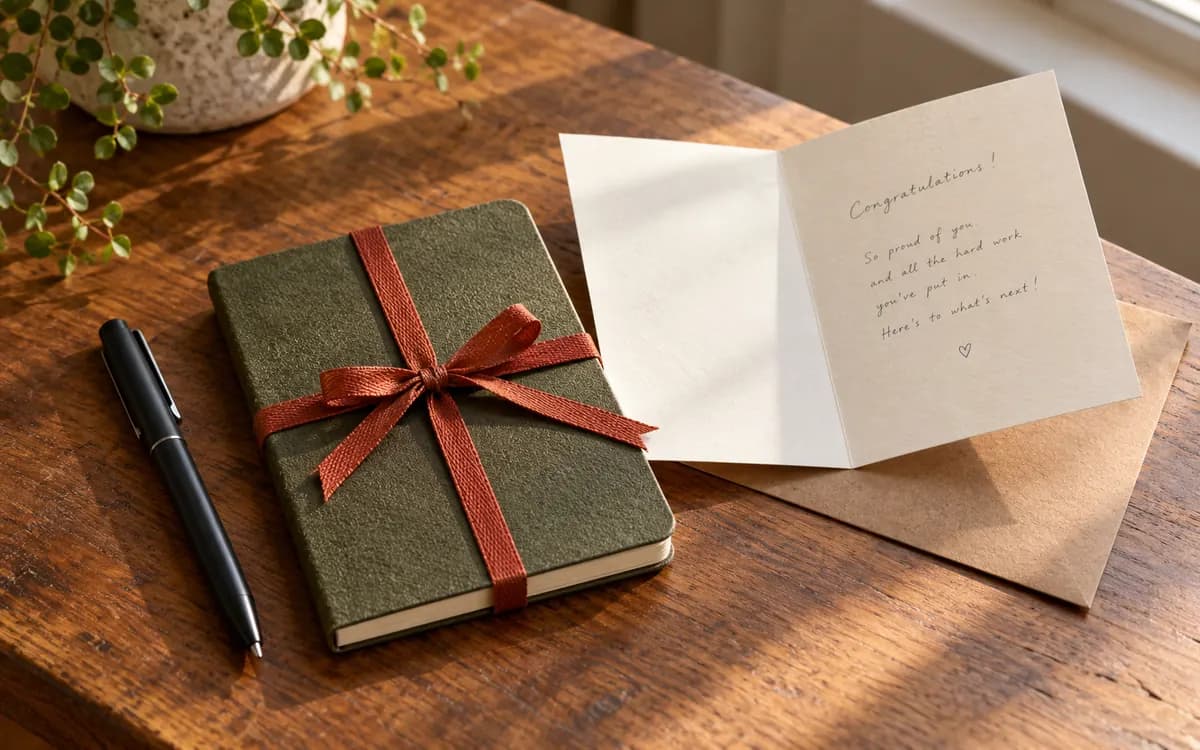 Ribbon-wrapped notebook with a congratulations card and a pen.