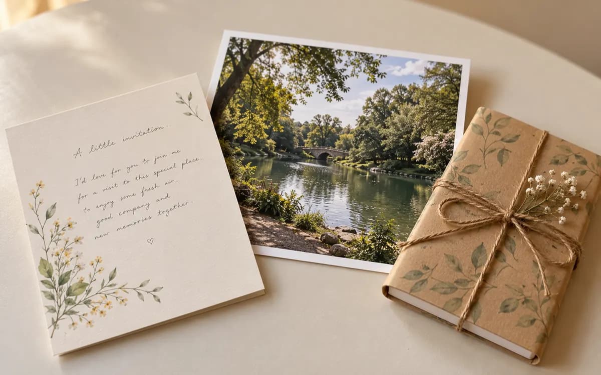 Next-visit invitation card with a printed park photograph and a wrapped notebook.