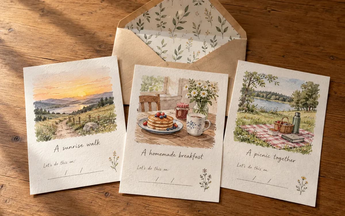 Three paper invitation cards for a sunrise walk, homemade breakfast and a picnic, with spaces to choose dates, beside a floral-lined envelope.