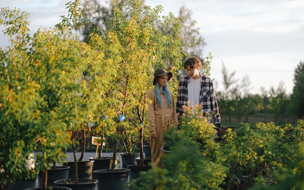A couple choosing plants together in a garden nursery.